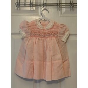 Vintage Polly Flinders Pink Hand Smocked Dress Lace Collar 24 Months